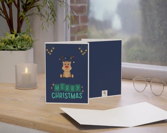 Cute Christmas Elk Greeting Cards with Blue Base (1, 10, 30, and 50pcs) I Christmas Greeting I Christmas Cards