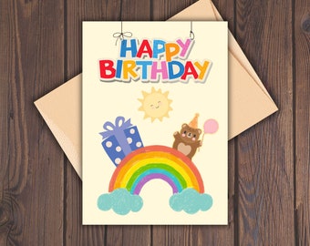 Printable Rainbow Happy Birthday Card for Children I Birthday Greeting I Downloadable Birthday Card