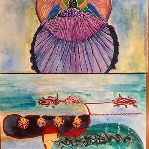 Könnte beinhalten: Zwei Aquarellbilder auf Papier. Das obere Bild zeigt ein abstraktes Design in Lila, Blau und Orange mit einer zentralen, wirbelnden, dunkelvioletten Form. Das untere Bild zeigt ein abstraktes Design in Grün, Blau, Rot und Schwarz mit einer zentralen, wirbelnden, dunkelgrünen Form.