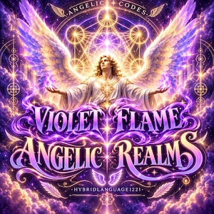 May include: A digital illustration featuring a central figure with large white wings and outstretched arms, surrounded by glowing purple clouds and golden geometric patterns. The text reads ANGELIC CODES, VIOLET FLAME ANGELIC REALMS, and HYBRIDLANGUAGE1221.