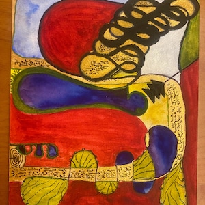 Puede incluir: Pintura abstracta en acuarela con una paleta de colores vibrantes. La obra presenta una gran forma roja, un óvalo azul y formas orgánicas amarillas y verdes. Se incorpora escritura dorada en el diseño.