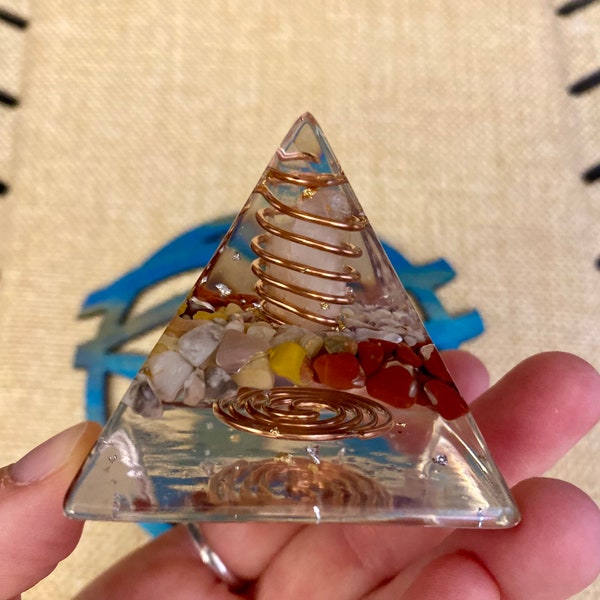 Powerful Orgonite Pyramid, Earth essence, japer, amethyst, crystal quartz, copper, receive and harmonize with higher energies , chakras