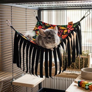 Puede incluir: Una chinchilla gris descansa en una hamaca de tela suspendida por clips metálicos dentro de una jaula de alambre. La hamaca presenta un fondo negro con un patrón floral colorido y largos flecos de tela negra en los bordes.