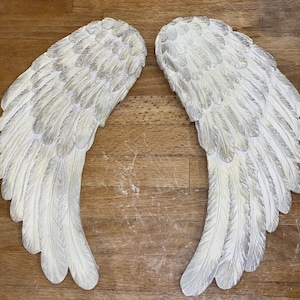May include: Two decorative angel wings with a textured, feathered design. The wings are painted in a muted, off-white color with subtle shading, creating a dimensional effect. The wings are displayed on a wooden surface.