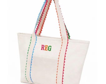 Personalized Ric Rac Canvas Tote & Makeup Bag Set | Custom Puff Name or Monogram