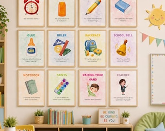 May include: A set of twelve educational wall art prints featuring watercolor illustrations of school supplies and classroom themes, each with a label and a humorous caption, arranged in a grid on a wall above a wooden storage unit with bins.
