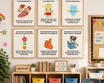May include: Six framed posters with illustrations and text: a red sneaker, a low battery, a glass of water, a flower, a thumbs-up, and a dog reading a book. Below, a wooden shelf holds books, bins, and a sign reading BE KIND BE CURIOUS BE YOU.