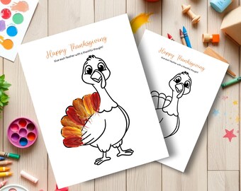 May include: Two white Thanksgiving-themed coloring pages featuring cartoon turkeys. The text "Happy Thanksgiving" and "Glue each feather with a thankful thought!" are printed in orange. One turkey has colorful feathers.