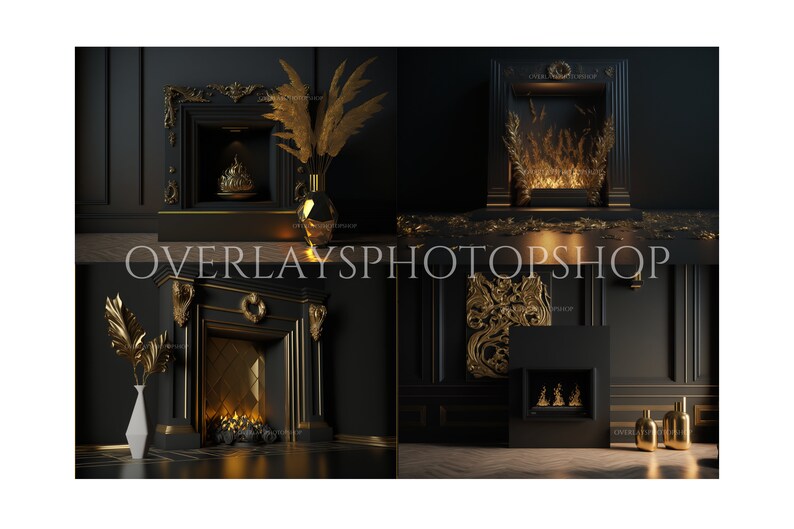 Black and Gold Fireplace Digital Backdrops Etsy