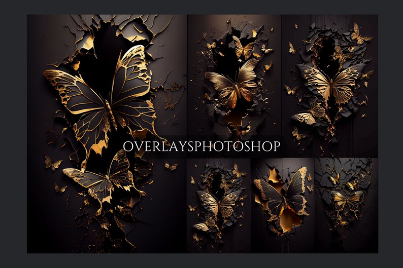 Black and Gold Butterfly Digital Backdrop Overlays, Skinny Canvas