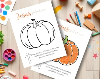 Op de afbeelding: Twee kleurplaten met pompoenillustraties en de tekst "Jezus koos mij". Eén pagina is oranje en groen gekleurd, de andere is een zwarte omtrek. De pagina's bevatten ook een kruis en tekst over vriendelijkheid en het delen van liefde.