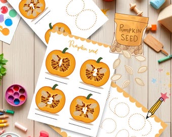 May include: Educational printables featuring pumpkin illustrations and tracing activities. The worksheets include pumpkin halves with numbers 1-4, dotted lines for tracing numbers, and the text "Pumpkin seed". A bag of pumpkin seeds is also visible.