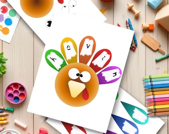 May include: A collection of white paper sheets with turkey-themed illustrations and craft supplies. The central image is a cartoon turkey with colorful feathers spelling out a name. Other sheets feature turkey body parts and blank spaces for customization. Crayons, paint, and other art supplies are scattered around.