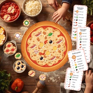 May include: A wooden table displays a pizza-making game with a large pizza, toppings, and order cards. The pizza has sausage, olives, and eggs. Bowls of cheese and sauce are nearby. Children's hands are visible.