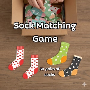 Puede incluir: Un juego de emparejar calcetines con recortes de calcetines de colores. El juego incluye 30 pares de calcetines con varios diseños, incluyendo corazones, flores y lunares. El texto de la imagen dice 'Sock Matching Game'.