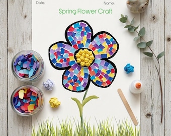 May include: A colorful spring flower craft made with paper squares. The flower has a black outline, a yellow center, and petals filled with various colored squares. The words "Spring Flower Craft" are printed above the flower. Jars of paper squares and craft supplies are nearby.