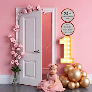 Digital 1st Birthday Background, Photography for Baby Girl Pink Background, Floral Door 1st Birthday Celebration, Lighted Number One