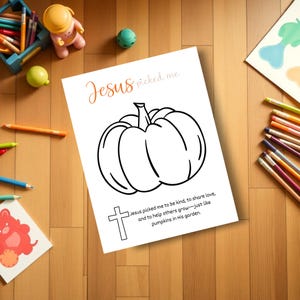 Puede incluir: Un papel blanco con un contorno negro de una calabaza y las palabras "Jesus picked me". El texto adicional dice: "Jes&uacute;s me eligi&oacute; para ser amable, compartir el amor y ayudar a otros a crecer, como las calabazas en Su jard&iacute;n."