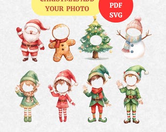 May include: Watercolor illustrations of Christmas characters, including Santa Claus, a gingerbread person, a Christmas tree, and a snowman. The image also features elves. Text reads "CHRISTMAS ADD YOUR PHOTO" and "PNG PDF SVG".