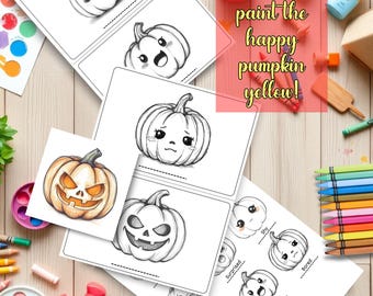 May include: A collection of pumpkin-themed coloring pages with various facial expressions, including happy, sad, and spooky. The image also includes art supplies like crayons, paint, and a red text box that says "Come on, paint the happy pumpkin yellow!"