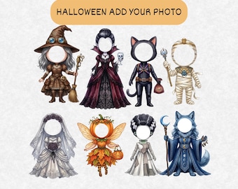 May include: A digital graphic featuring eight Halloween-themed characters with blank circular face cutouts for photo insertion. The text HALLOWEEN ADD YOUR PHOTO appears at the top. Characters include a witch, vampire, cat, mummy, bride, pumpkin fairy, monster, and wolf.