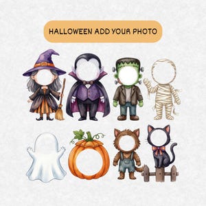 Puede incluir: Una ilustración digital que presenta ocho personajes de Halloween con espacios circulares en blanco para fotos, incluyendo una bruja, vampiro, monstruo de Frankenstein, momia, fantasma, calabaza, hombre lobo y gato negro con el texto HALLOWEEN ADD YOUR PHOTO.