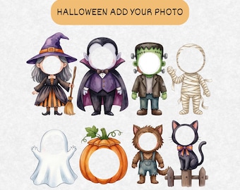 May include: A digital illustration featuring eight Halloween characters with blank circular spaces for photos, including a witch, vampire, Frankenstein monster, mummy, ghost, pumpkin, werewolf, and black cat, with the text HALLOWEEN ADD YOUR PHOTO.