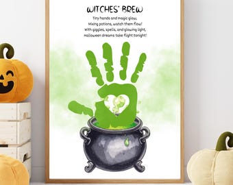 May include: A framed print with the text "Witches' Brew" and a poem. The artwork features a green handprint over a bubbling cauldron. The background has a light green watercolor effect. Decorative pumpkins are on the left and right.