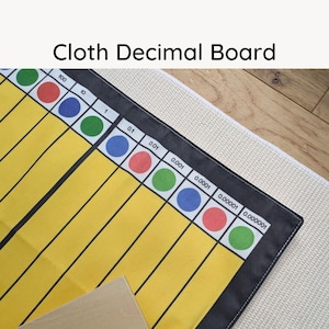 May include: A Cloth Decimal Board featuring a yellow grid with black vertical lines. The top row displays colored circles in red, blue, and green, labeled with numerical values from 100 down to 0.000001. The fabric mat has a white border.