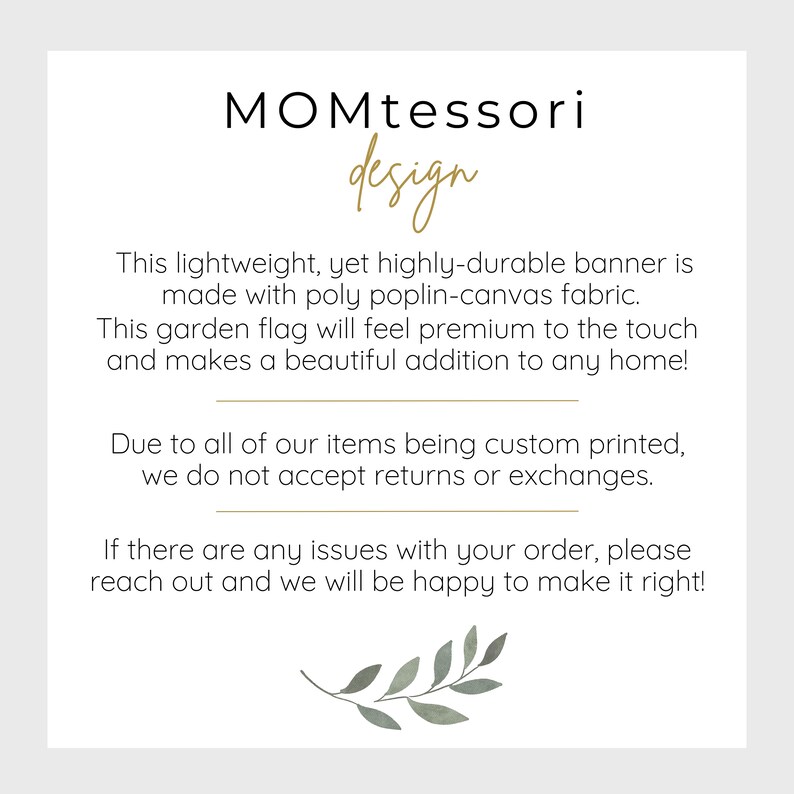 May include: A white background with text that reads "MOMtessori design". The text describes a lightweight, durable banner made of poly poplin-canvas fabric. It mentions the banner is a beautiful addition to any home.