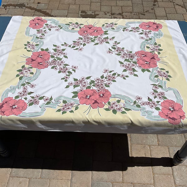 mid-Century Floral tablecloth Florals pinks, yellows