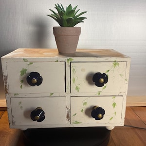 May include: A small, white decorative chest of drawers with four drawers, adorned with dark blue flower-shaped knobs. Green leaf and vine accents are painted on the drawers. A small potted succulent sits on top of the chest.