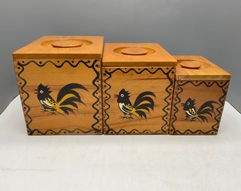 Woodpecker woodware cannister set hand made hand painted Vintage
