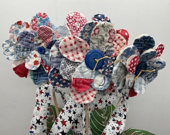 Vintage handmade repurposed Quilt flowers, patriotic red, white and blue. Rustic art.