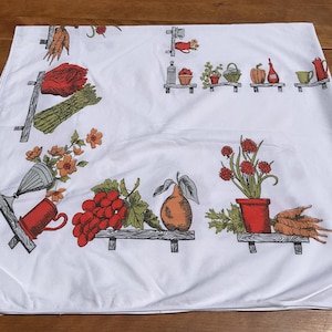 Vintage veggie tablecloth, mid-century retro kitchen designs 54X 50 good condition ships FREE