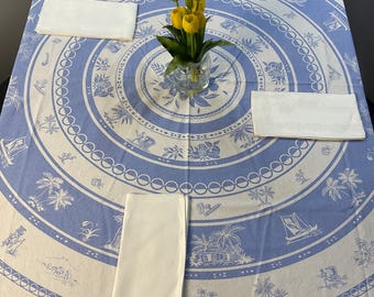 ヴィンテージフローラルテーブルクロス：ブルーダマスクリネン、81