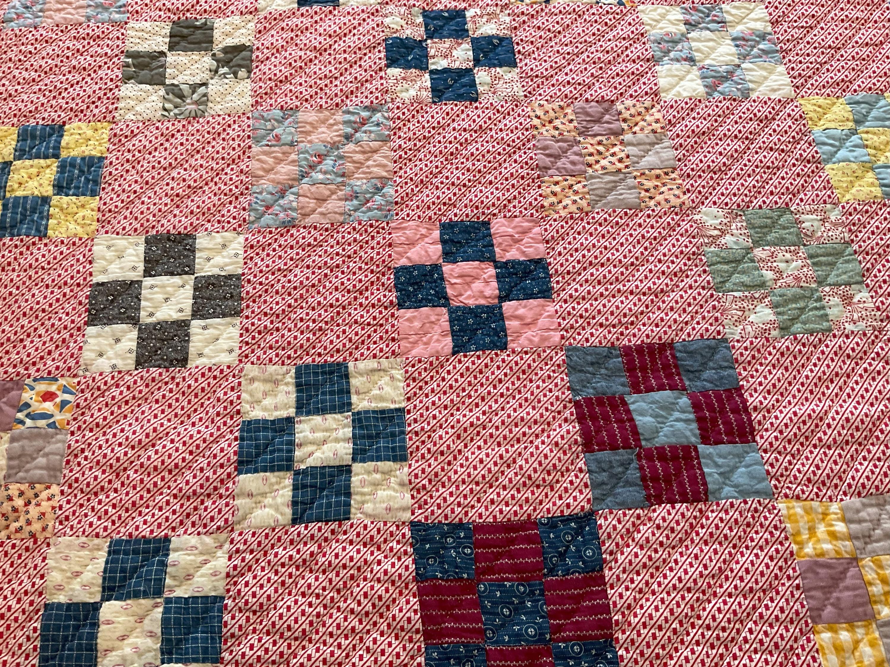 1931 nine patch Quilt, Farmhouse quilt, handstitched quilt, all cottons vintage and elegant. FREE shipping lower 48 states