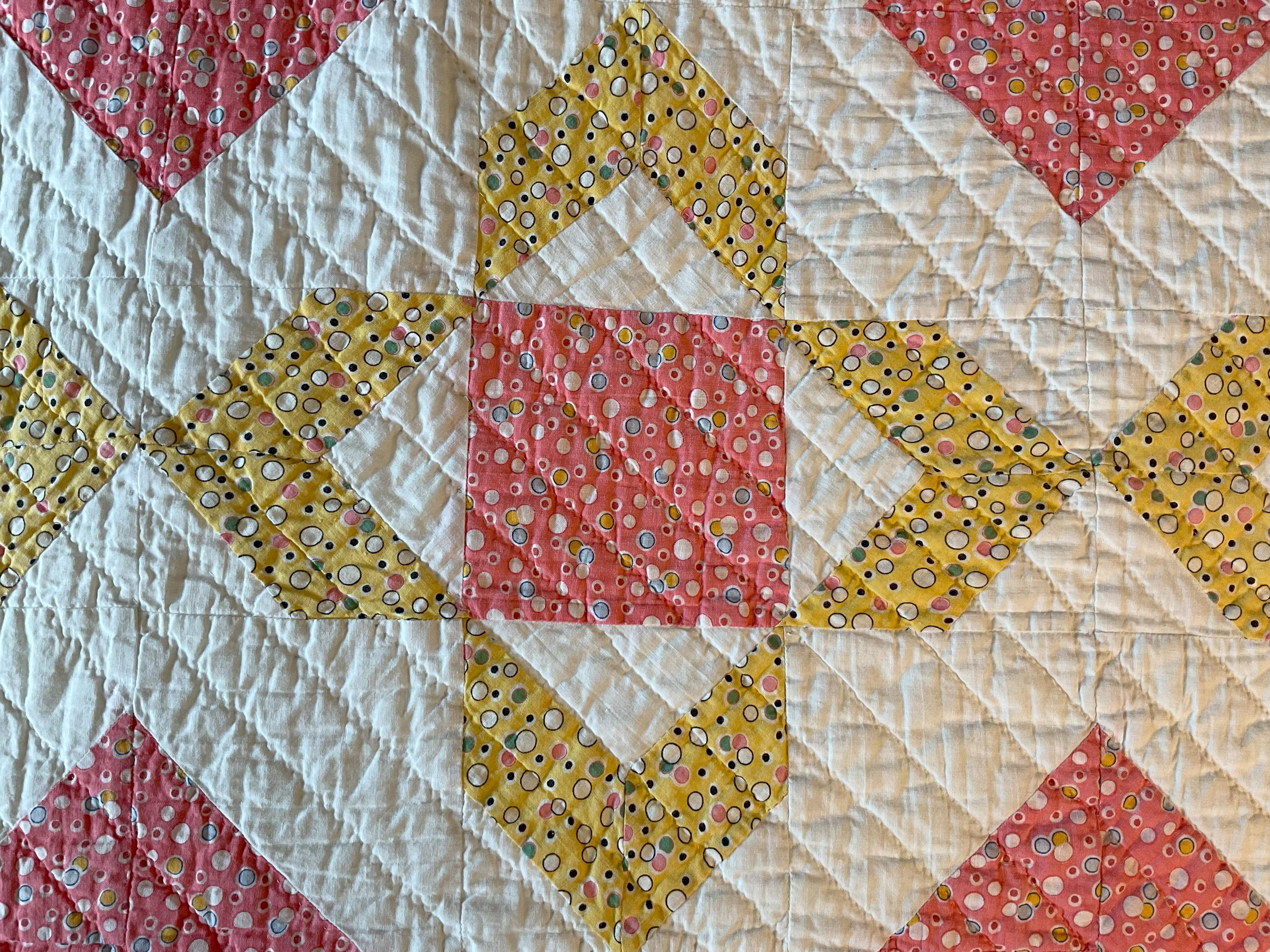Quilt vintage Mapleleaf pattern pinks and yellows 86 X 70 cotton
