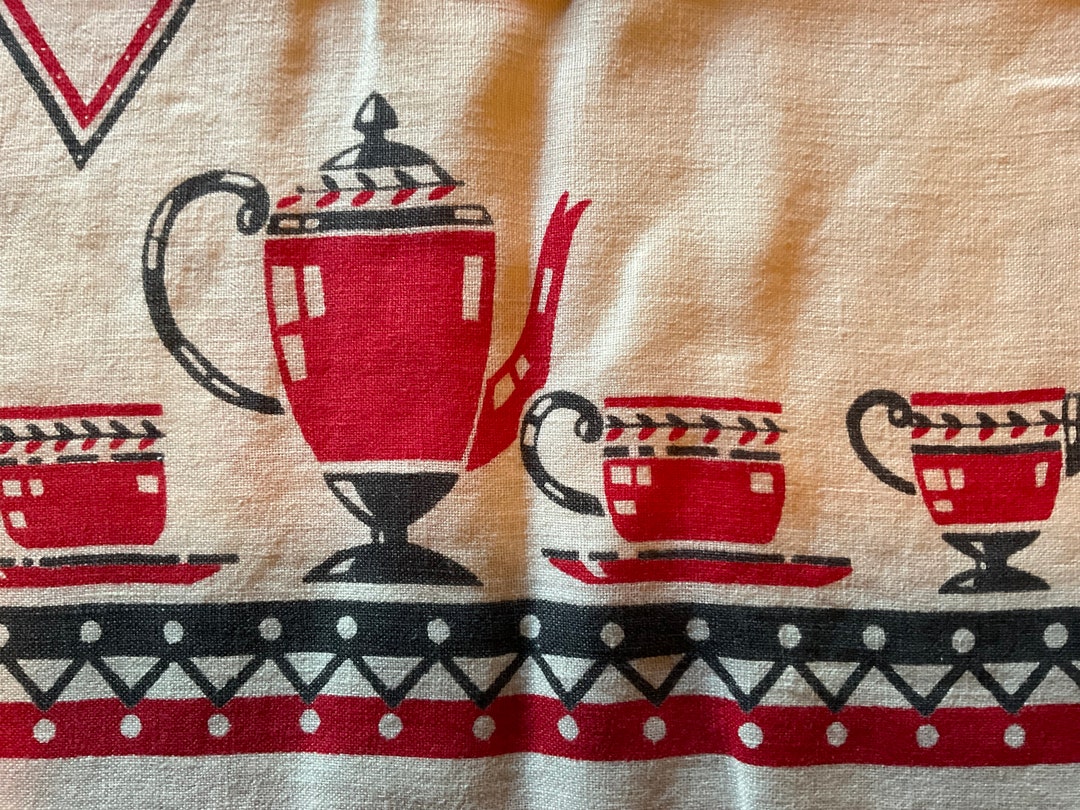 English Teapots and Teacups on Vintage 1940's Linen Etsy