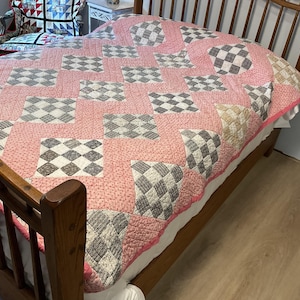Vintage handmade patchwork quilt, Diamond nine patch, all cottons, 82 X 62