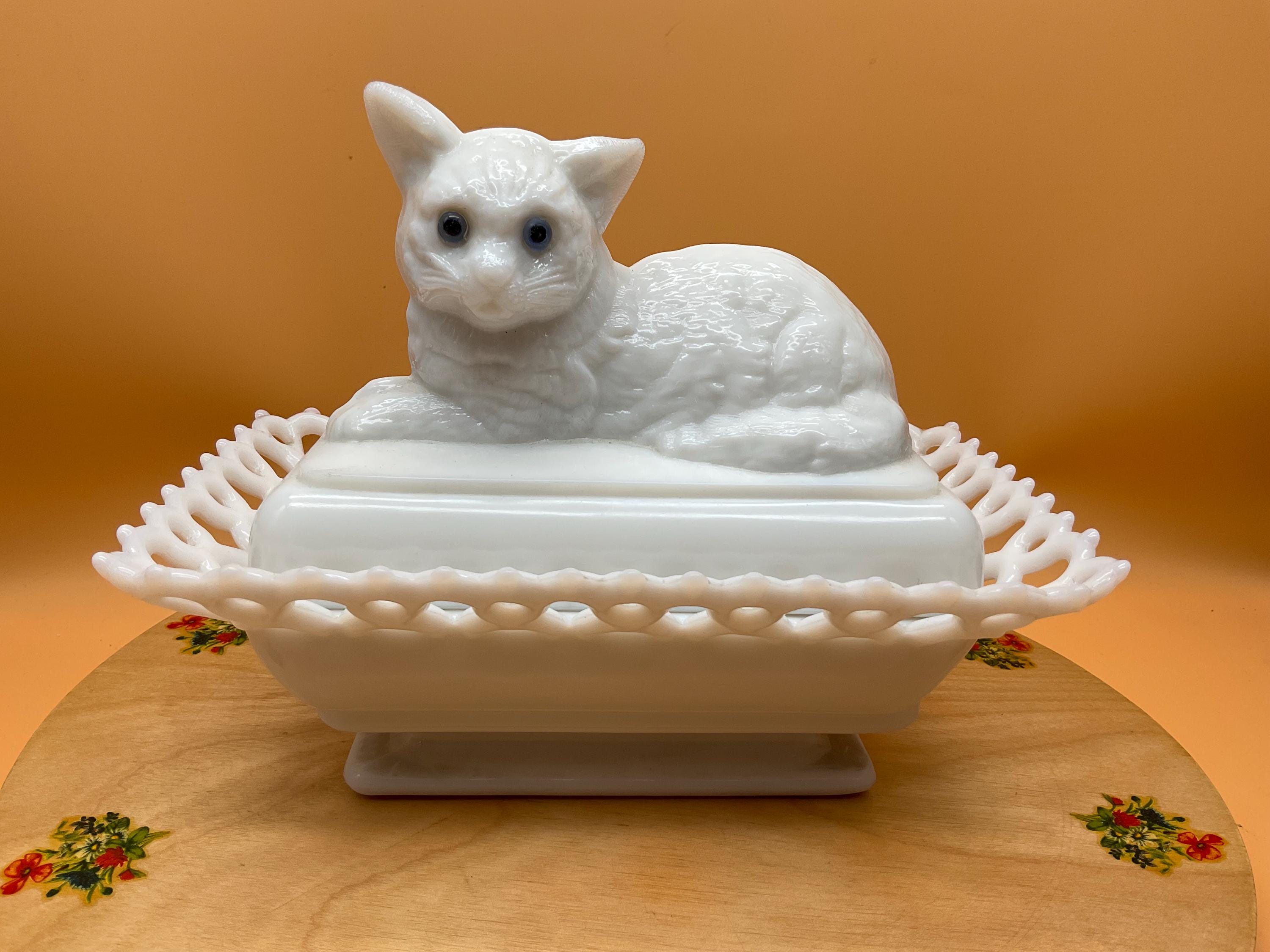Milk Glass Cat Dish - Etsy