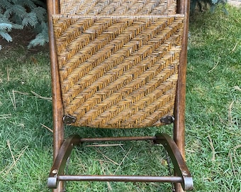 Wooden folding chair, splint reed Rattan, wicker, handmade Herringbone woven seat and back 1920&#39;s 30&#39;s SHIPS FREE USA Summer sale priced