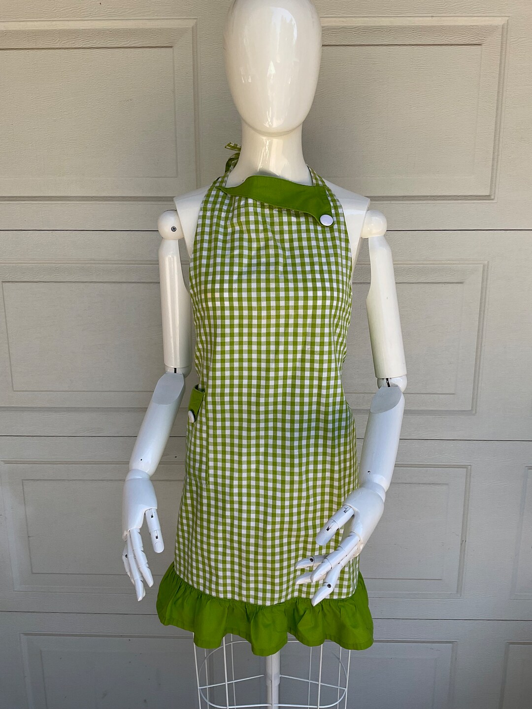 Vintage Bib Apron With Pocket. Lime Green Checks and a Skirted Etsy