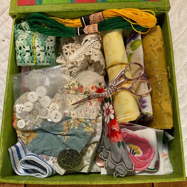 Vintage Fabric Slow Stitch Kit: Quilt Squares, Embroidery, Lace & Scissors Medium size kit.