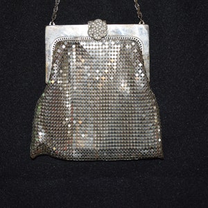Whiting Davis silver mesh evening bag. jeweled clasp. wrist bag. 5 x 4 1/2 size