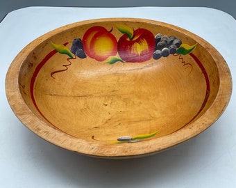 Vintage footed treenware bowl. Painted fruit design.