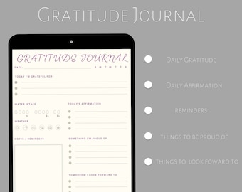 May include: A digital planner template for a gratitude journal. The template includes sections for daily gratitude, affirmations, reminders, things to be proud of, and things to look forward to. The template also includes sections for tracking water intake and weather.