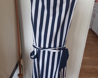 Navy blue striped apron with pocket and towel loop