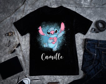 Tee Shirt Noir Personnalisable Prénom Enfant Femme Homme Stitch cadeau anniversaire