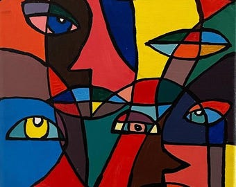 Arte mural con rostros abstractos / Impresión digital moderna y colorida / Póster de arte lineal cubista / Decoración contemporánea para el hogar / Descarga instantánea